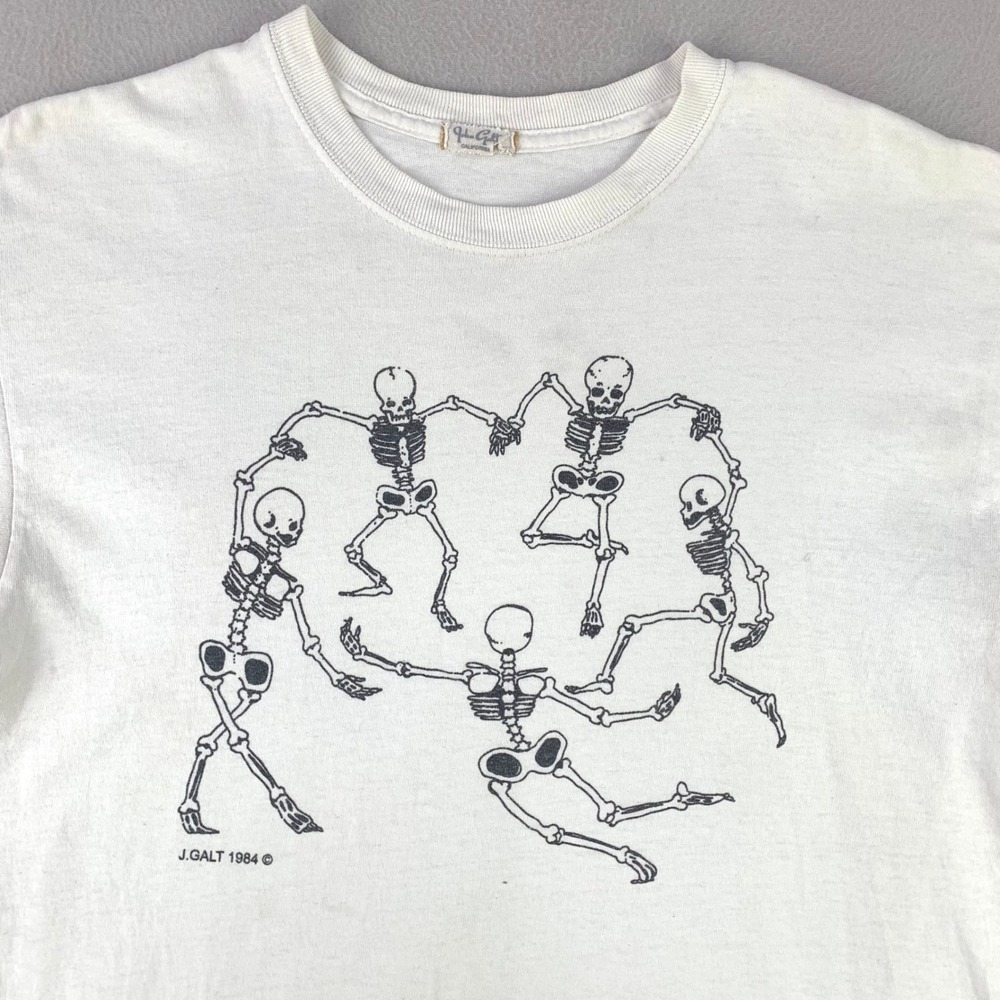 John Galt Skeleton Dance Graphic T-Shirt Womens OS White Short Sleeve Crew‎ Neck